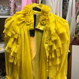 Crave Yellow Ruffle-Front Blouse with Rosette Collar
